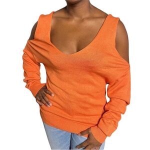 Vintage Orange Cutout Cold Shoulder Double V neck Sweater